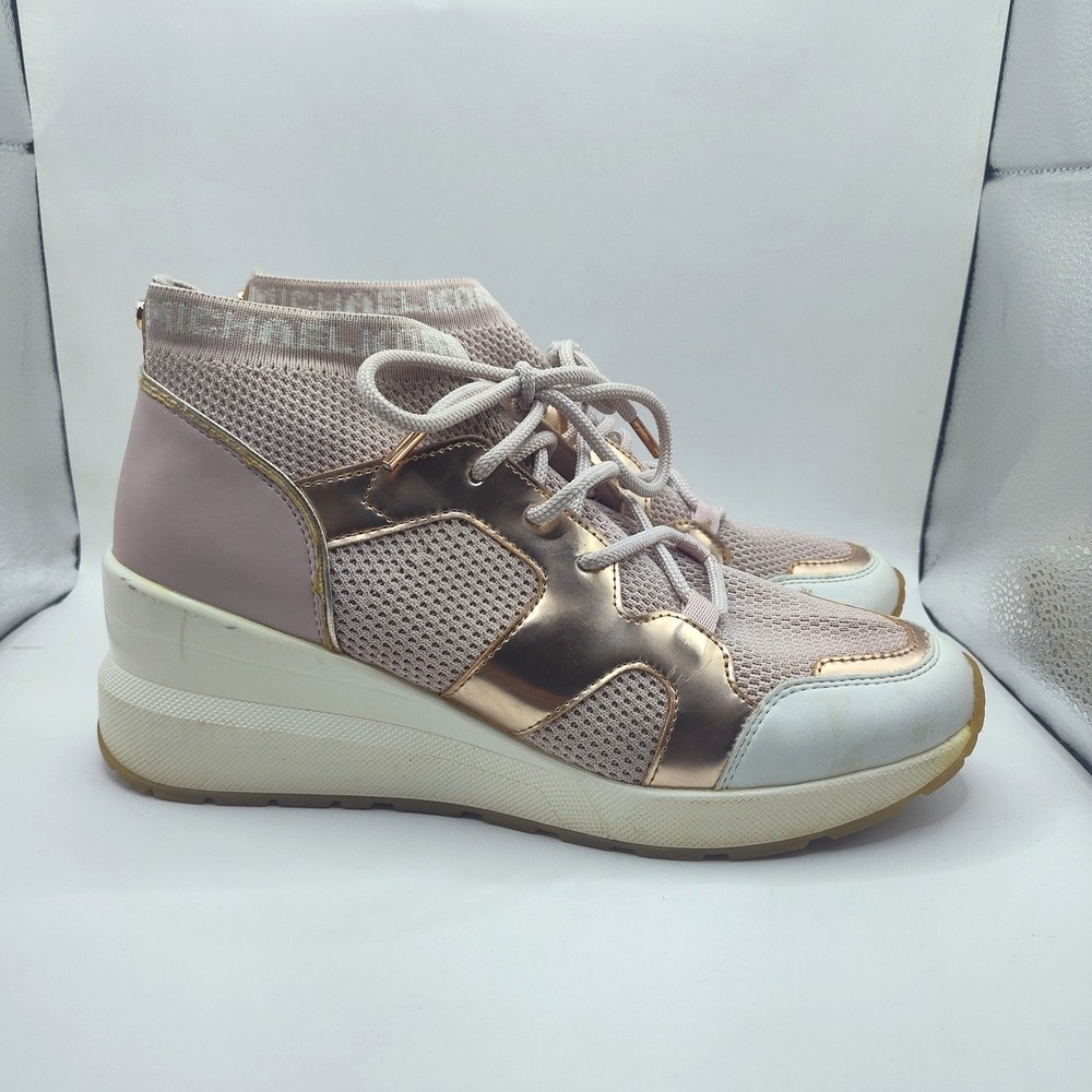Michael Kors Markie Bootie Pink Sneakers Rose Gold Shoes Size 9.5 Stretch Knit - Picture 3 of 16